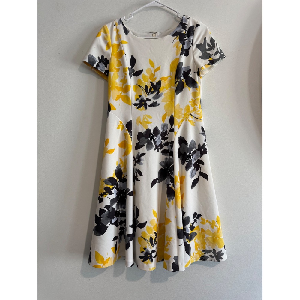 Eliza J Floral Fit and Flare Dress Womens 6 White Yellow Grey Scuba Knit
